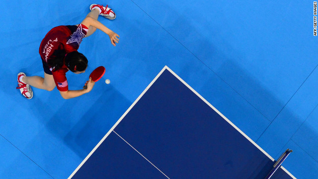 American Ariel Hsing competes in the women's team first-round table-tennis match.