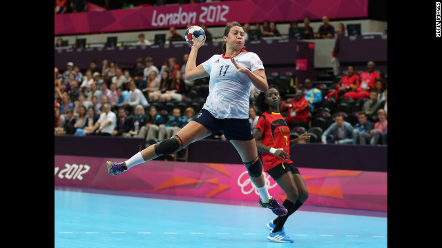 Ewa Palies of Great Britain goes up for a shot during the women's handball preliminaries match against Angola.