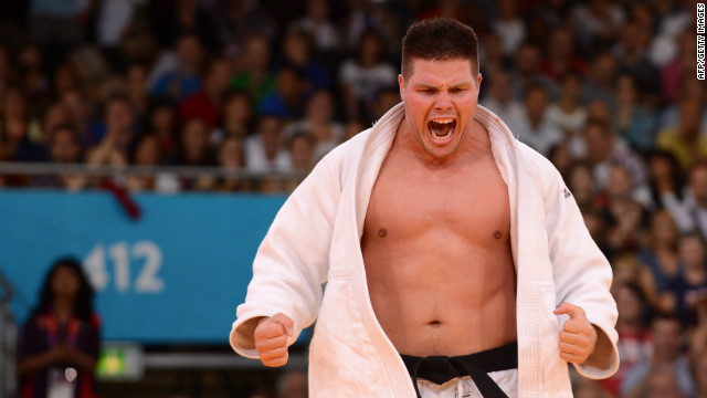 Hungary's Barna Bor reacts during an over 100-kilogram judo contest match.