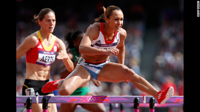 Jessica Ennis of Great Britain competes in the women's heptathlon 100-meter hurdles heat.