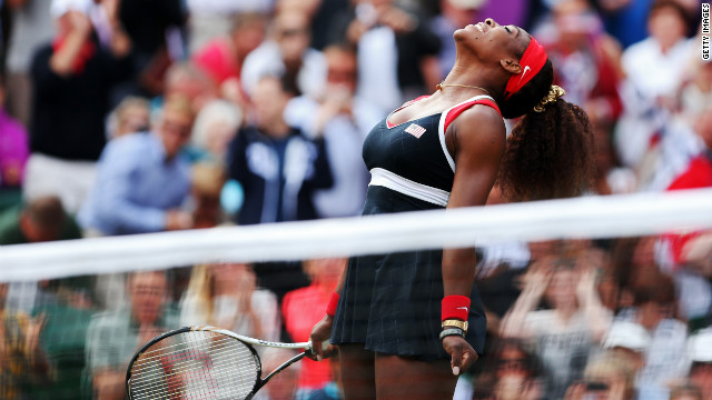 Serena Williams reacts after defeating Maria Sharapova of Russia to win the gold medal in women's singles tennis in London, England, on Saturday, August 4.