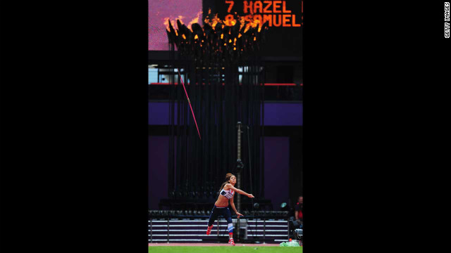Great Britain's Louise Hazel competes in the women's heptathlon javelin throw.