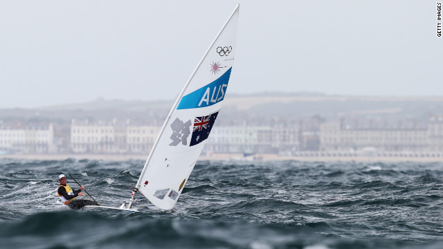 Tom Slingsby of Australia competes in men's laser sailing in Weymouth, England.