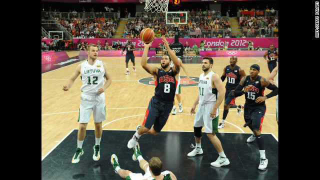 The United States' Deron Williams shoots during a men's basketball preliminary round match against Lithuania.