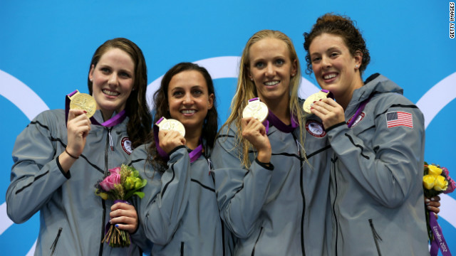 Left to right: Gold medalists Missy Franklin, Rebecca Soni, Dana Volmer, and Allison Schmitt pose during the medal ceremony for the women's 4x100-meter medley relay on Saturday, August 4.