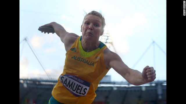 Dani Samuels of Australia competes in the women's discus throw final.