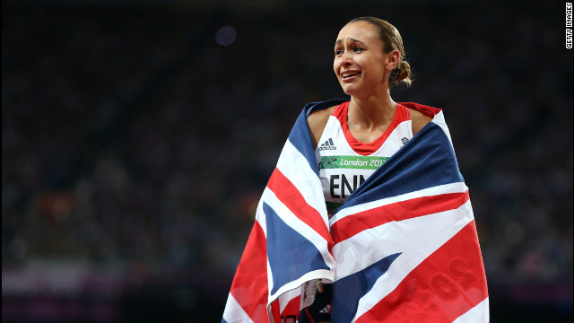 Jessica Ennis of Great Britain is overcome with emotion after winning gold in the women's heptathlon.