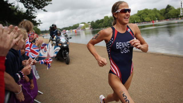Laura Bennett of the United States runs in the women's triathlon Saturday in Hyde Park.