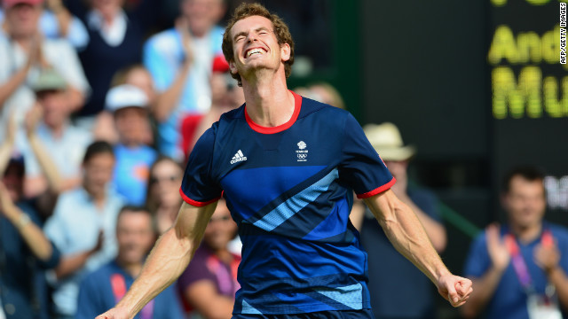 Great Britain's Andy Murray celebrates after winning the men's singles gold medal match, defeating Switzerland's Roger Federer in the London Olympics. It came 27 days after Murray lost to Federer in the Wimbledon final. 