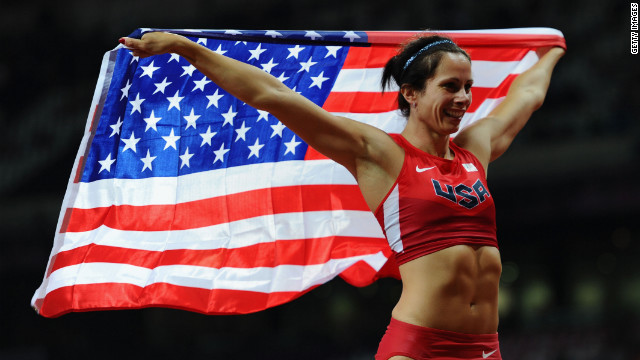 Jennifer Suhr of the United States celebrates winning the gold medal in the women's pole vault final on Monday.