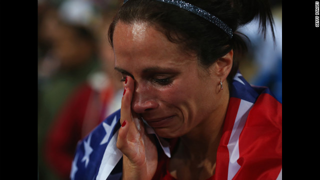 Jennifer Suhr shows her emotion after winning gold.