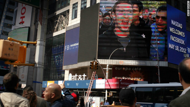 Facebook's May debut as a public company was one of 2012's biggest blunders. Expectations for the company's stock were huge, but by September it was trading at less than half its initial price. Here, founder Mark Zuckerberg is shown on a screen in Times Square after ringing the opening Nasdaq bell on May 18.