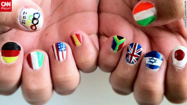 Maria Maslin painted her mother's nails to <a href='http://ireport.cnn.com/docs/DOC-825520'>reflect several of the countries</a> competing in the Olympics this year. "I tried to be diverse with the countries I picked in order to represent a large span of the world," she explained. From left, the flags represented are Germany, Italy, United States, Spain, South Africa, Great Britain, Israel and Japan. On her thumbs are the Olympic flag and Ireland.