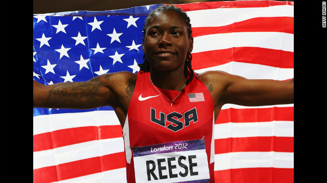 Brittney Reese of the United States celebrates winning gold in the women's long jump final.