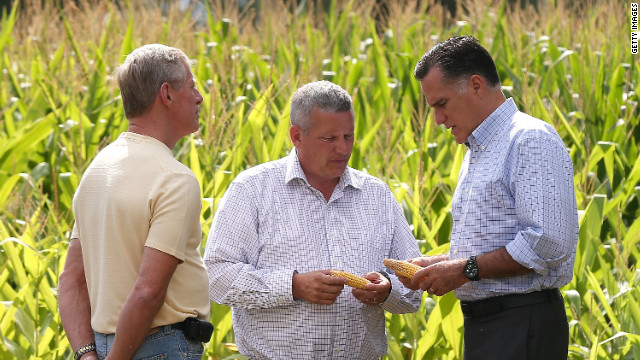 Mitt Romney visits a cornfield in Des Moines, Iowa, on Wednesday as his campaign struggles to gain momentum..