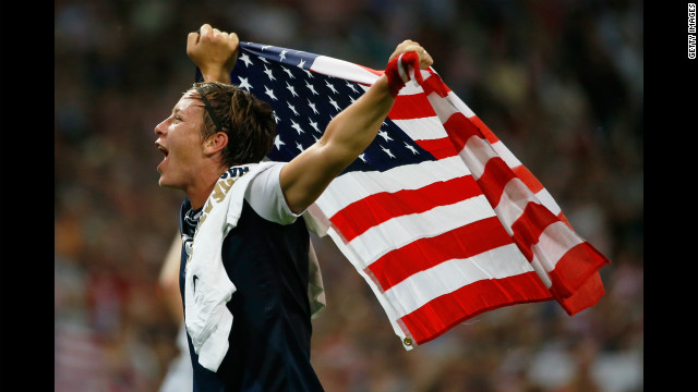 Abby Wambach celebrates after the United States defeated Japan by a score of 2-1 in the women's soccer gold medal match on Thursday, August 9, Day 13 of the London Olympics.