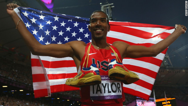 Christian Taylor of the United States celebrates after winning gold in the men's triple jump on Thursday.