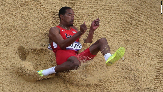 Christian Taylor lands during the triple jump final on Thursday.