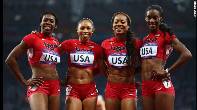 DeeDee Trotter, Allyson Felix, Sanya Richards-Ross and Francena McCorory, from left to right, are all smiles after winning gold in the women's 4x400-meter relay final.