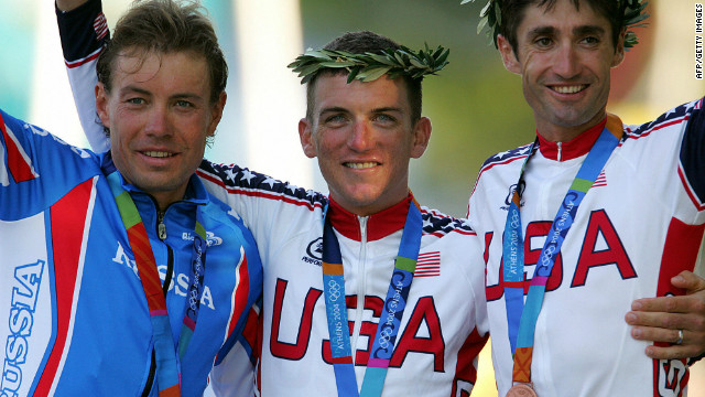 U.S. cyclist Tyler Hamilton, center, won gold in the men's individual time trial at the 2004 Athens Olympics.