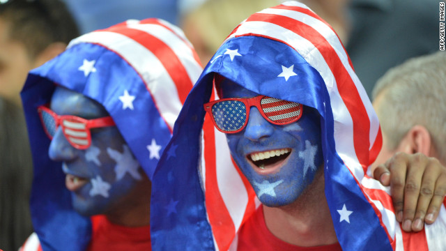 U.S. fans show their support at the men's gold medal basketball game between the United States and Spain at the North Greenwich Arena in London.