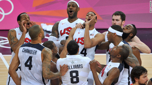 U.S. players celebrate after defeating Spain to win the gold medal in men's basketball. 