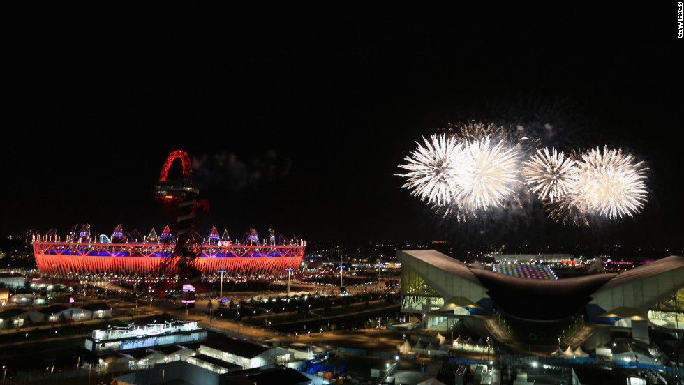 Fireworks light up the Olympic stadium during the closing ceremony.