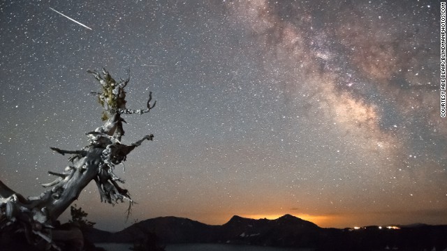 CNN iReporter Abe Blair, a professional photographer, www.blindmanphotos.com shot pictures of the Perseid meteor shower over Crater Lake, Oregon for six to seven hours in August 2012.