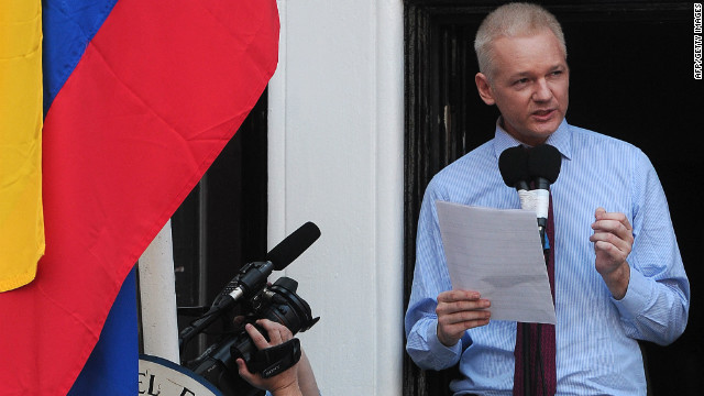Wikileaks founder Julian Assange addresses the media and his supporters from the balcony of the Ecuadorian Embassy in London on Sunday, August 19.