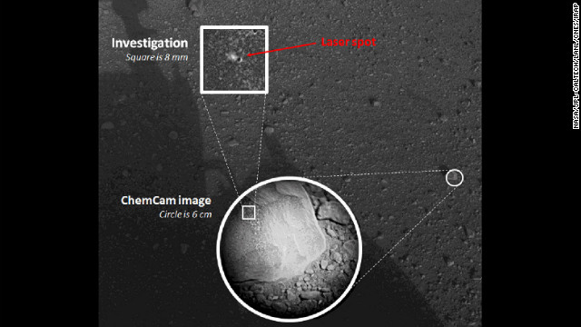 This composite image, with magnified insets, depicts the first laser test by the Chemistry and Camera, or ChemCam, instrument aboard NASA's Curiosity Mars rover. The composite incorporates a Navigation Camera image taken prior to the test, with insets taken by the camera in ChemCam. The circular insert highlights the rock before the laser test. The square inset is further magnified and processed to show the difference between images taken before and after the laser interrogation of the rock. 
