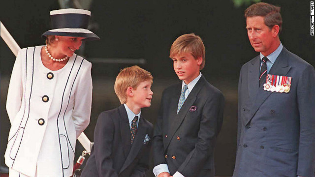 Princess Diana, from left, Prince Harry, Prince William and Prince Charles gather for the commemorations of VJ Day on August 19, 1995, in London. 