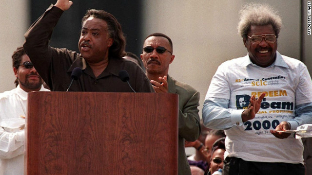 King applauds during a speech in August 2000 by the Rev. Al Sharpton during a celebration honoring the 37th anniversary of Martin Luther King, Jr.'s "I Have a Dream" speech in Washington, D.C.