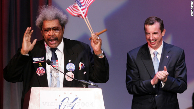 With Republican National Committee chairman Ed Gillespie by his side, King speaks at a 2004 victory celebration for newly re-elected President George W. Bush. King says he is not loyal to either political party. "I'm a 'Republicrat' and that means that I'm for the American people first and the party second." 