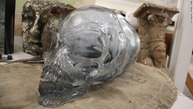 A crystal skull from the fourth adventure, "Indiana Jones and the Kingdom of the Crystal Skull." The skull, from an interdimensional being, possessed impressive psychic powers.