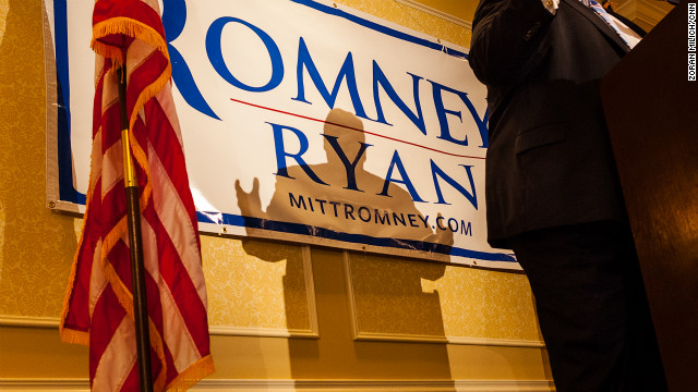 New Jersey Gov. Chris Christie casts a shadow on a Romney/Ryan campaign sign while speaking to delegates from Michigan. Christie will deliver the convention's keynote address Tuesday night.