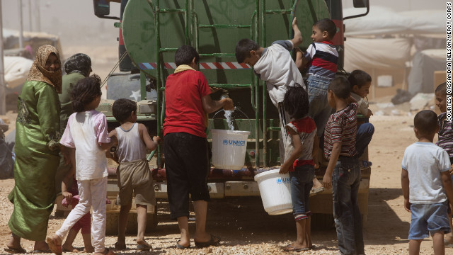 Water is provided several times daily by water trucks. Camp residents have access to approximately 50 litres a day, but supplies of fresh water are very limited and the needs of the refugees are putting pressure on local communities who already experience water shortages.