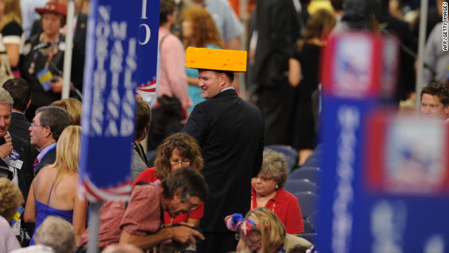 A delegate from Wisconsin sports a cheese hat at the Tampa Bay Times Forum.