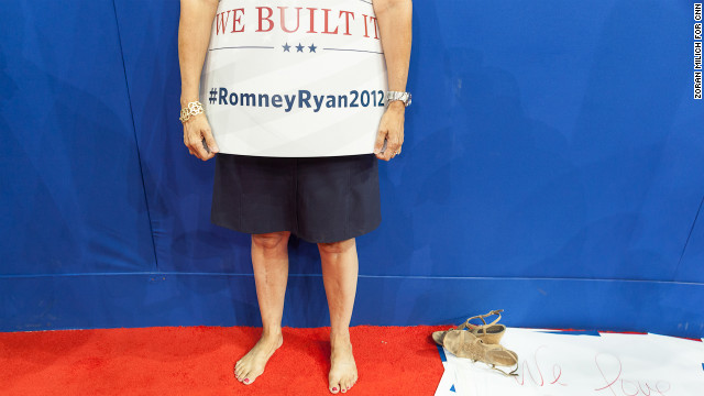 A Mitt Romney supporter rests her feet Tuesday, August 28, after a long day at the Republican National Convention. Photographer Zoran Milich will be wandering around Tampa this week during the convention. Check back often for his view of the action.