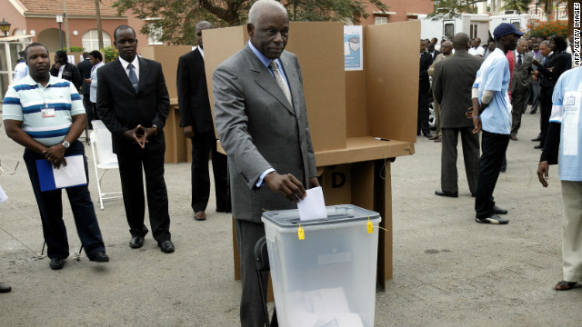 Dos Santos casts his ballot on September 05, 2008, at the polling station behind the presidential palace in Luanda. MPLA won the last elections with a landslide 82% of the vote.