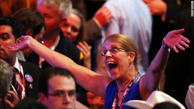 A woman gestures during the third day of the Republican National Convention.