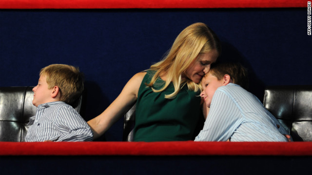 Paul Ryan's wife, Janna, is flanked by her sons Charlie, left, and Sam during Ryan's keynote address Wednesday night.