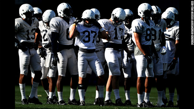 Wide receiver Evan Lewis, No. 37, gets ready for a drill with teammates during football practice on Tuesday, August 28. The Nittany Lions face Ohio at home under the direction of new head coach Bill O'Brien for the first game of the season on Saturday. 