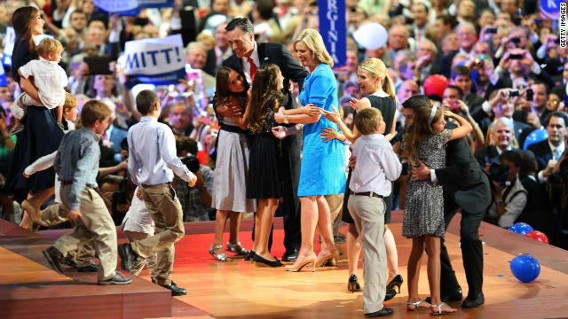 Romney and vice presidential candidate Paul Ryan take the stage with their families at the end of the night.