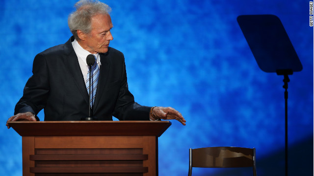Clint Eastwood talks to an imaginary President Obama in a chair next to the podium at the RNC on Thursday.