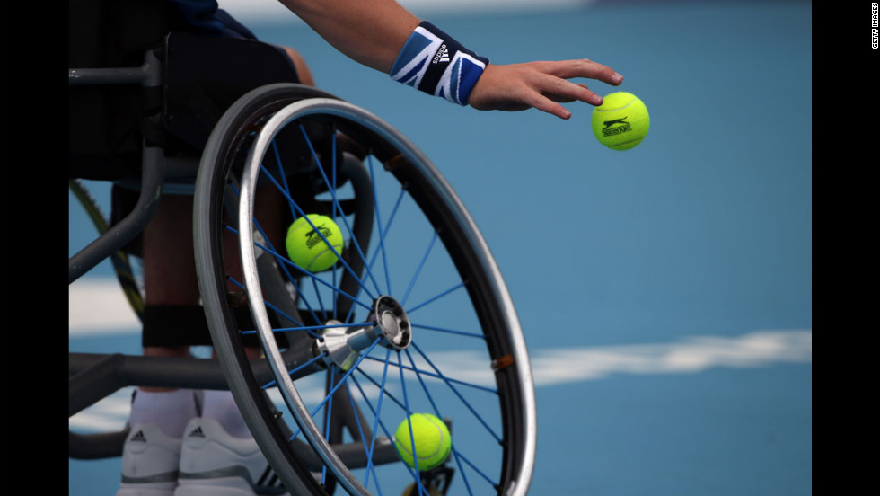 Gordon Reid of Great Britain prepares to serve during the men's singles wheelchair tennis round 64 match against Takuya Miki of Japan in London on Saturday, September 1. The Games run until September 9. Check back daily for new photos.