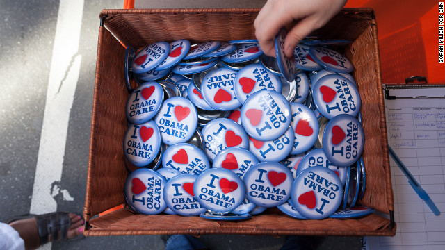 Buttons sold Monday show support for the Affordable Care Act, also known as Obamacare.