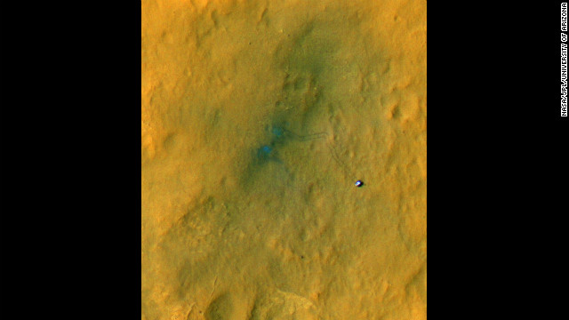 Sub-image one of three shows the rover and its tracks after a few short drives. Tracking the tracks will provide information on how the surface changes as dust is deposited and eroded.