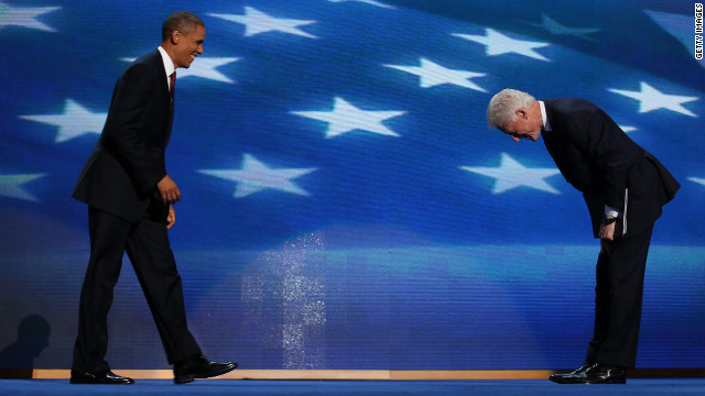 Former President Bill Clinton greets President Barack Obama onstage during the Democratic National Convention on Wednesday, September 5, in Charlotte, North Carolina. 