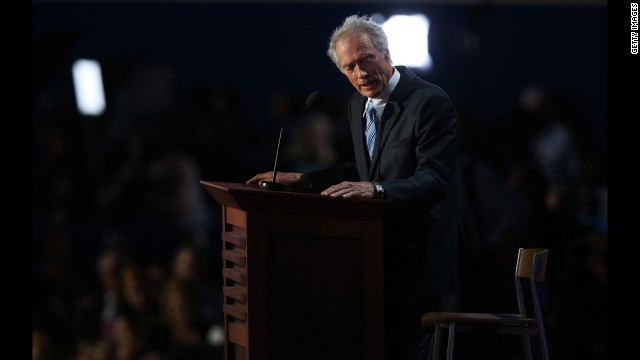  Actor Clint Eastwood addresses a chair standing in as Obama during the final day of the RNC on Thursday, August 30.