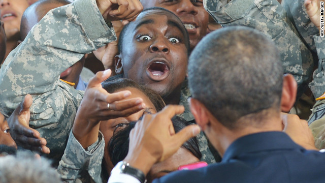 Obama greets troops after delivering remarks at Fort Bliss.